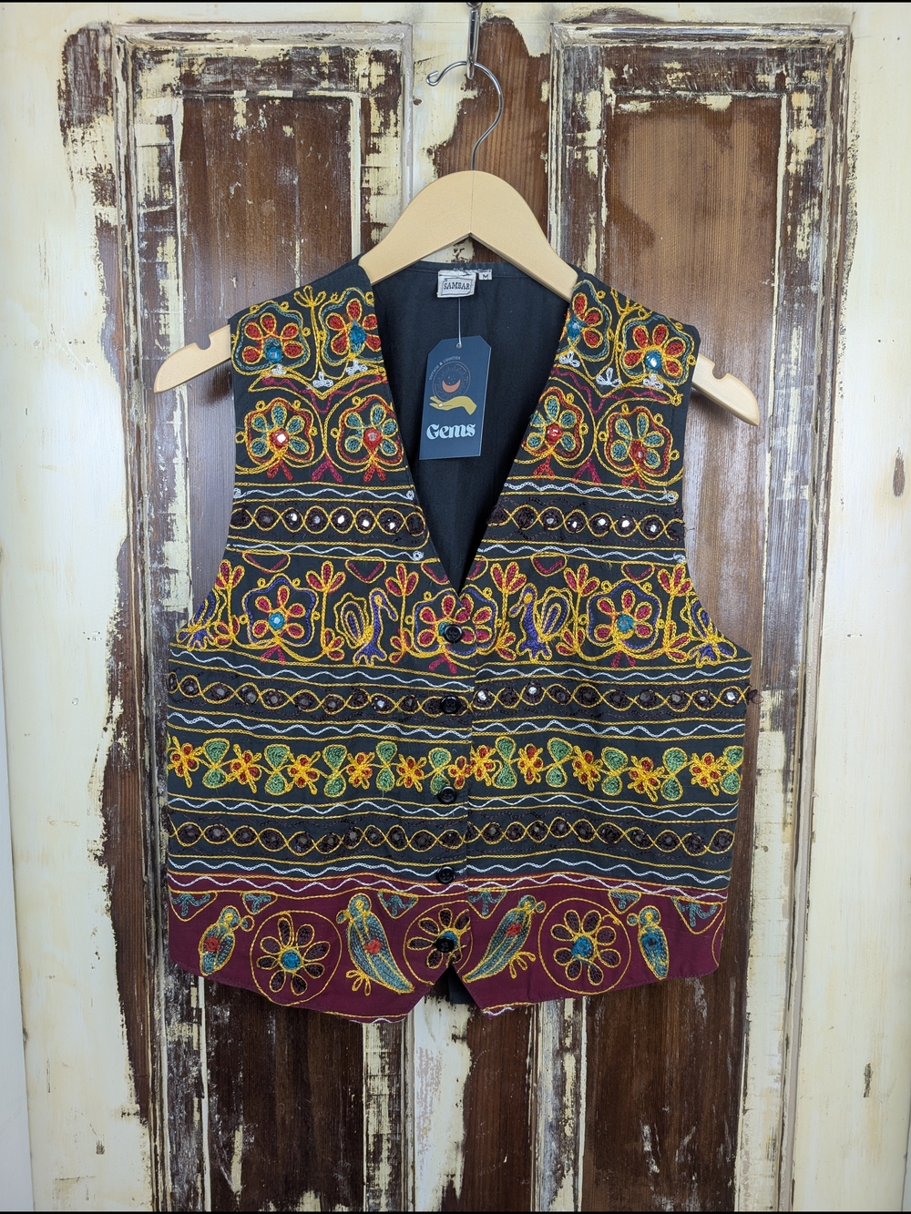 Vintage Sambar Embroidered Vest Medium Boho Festival Bird Floral Folk Art